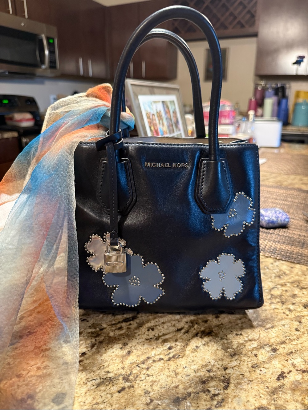 Michael Kors Navy Leather mini tote with Floral Stud Detail super rare